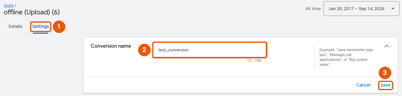 Settings tab with the Conversion name field expanded and Save highlighted
