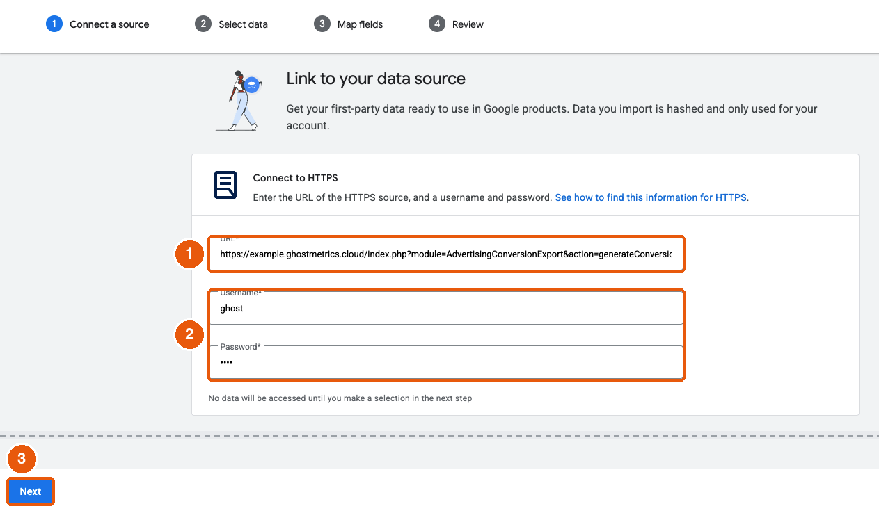 Connect to HTTPS form with the URL, username, and password fields and Next highlighted