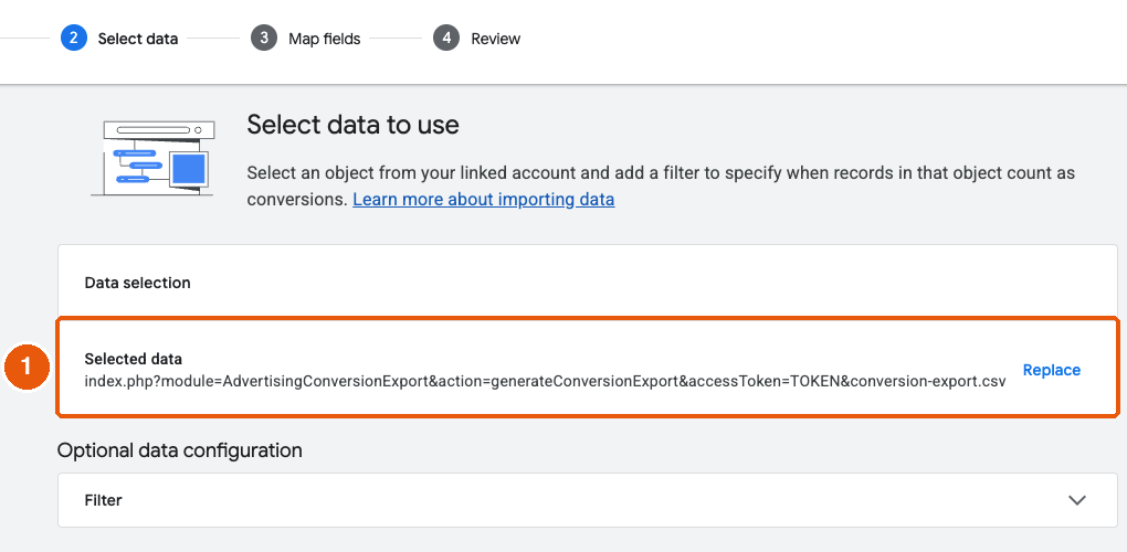 Select data step showing the feed URL as the selected data