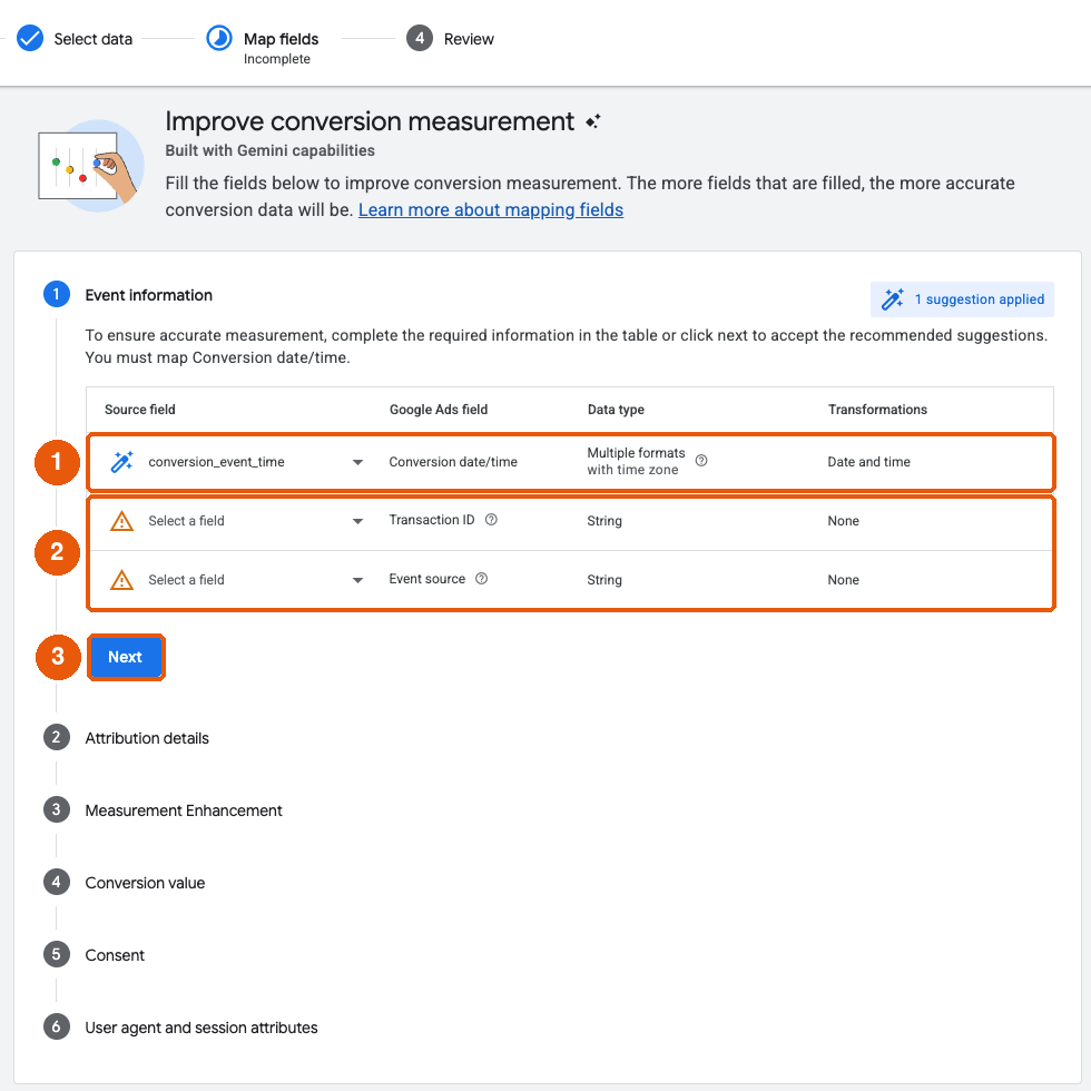 Map fields step with conversion_event_time mapped to Conversion date/time, optional rows, and Next highlighted