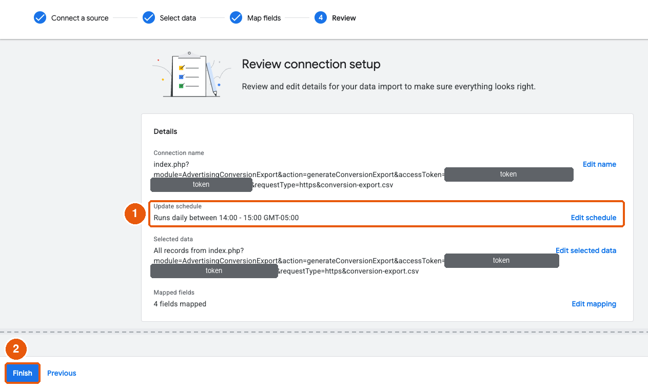 Review connection setup with the update schedule and Finish highlighted